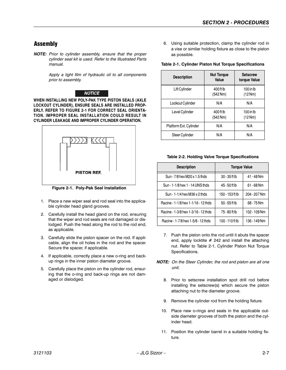 Assembly, Poly-pak seal installation -7, Cylinder piston nut torque specifications -7 | Holding valve torque specifications -7 | JLG 500RTS ANSI Service Manual User Manual | Page 23 / 80