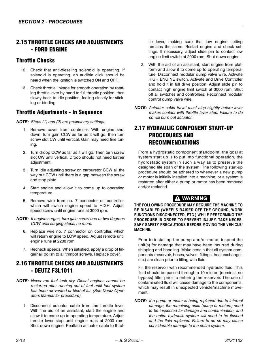 15 throttle checks and adjustments - ford engine, Throttle checks, Throttle adjustments - in sequence | 16 throttle checks and adjustments - deutz f3l1011, Throttle checks and adjustments - ford engine -12 | JLG 500RTS ANSI Service Manual User Manual | Page 28 / 80