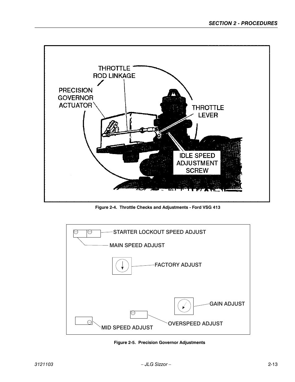 Throttle checks and adjustments - ford vsg 413 -13, Precision governor adjustments -13 | JLG 500RTS ANSI Service Manual User Manual | Page 29 / 80