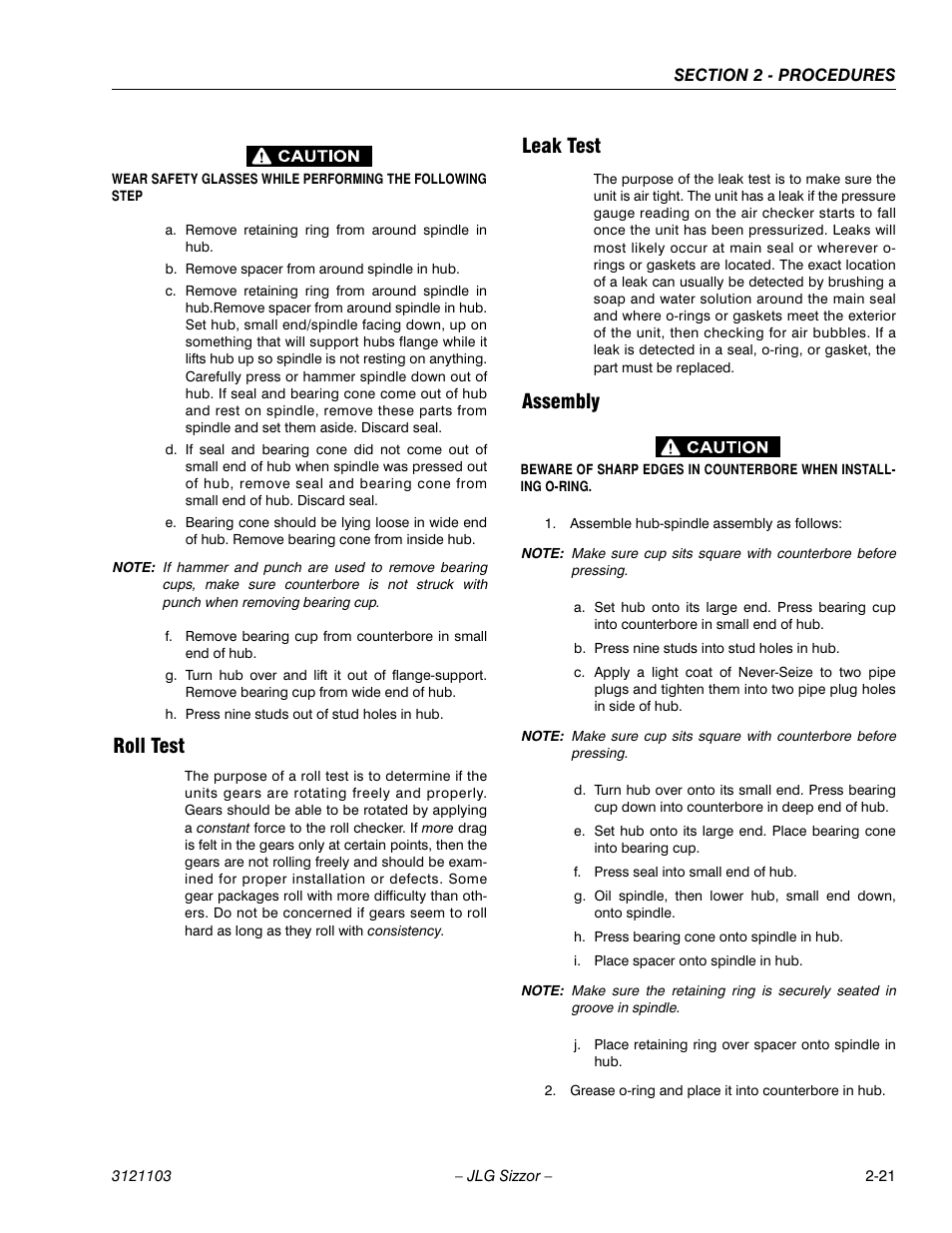 Roll test, Leak test, Assembly | JLG 500RTS ANSI Service Manual User Manual | Page 37 / 80