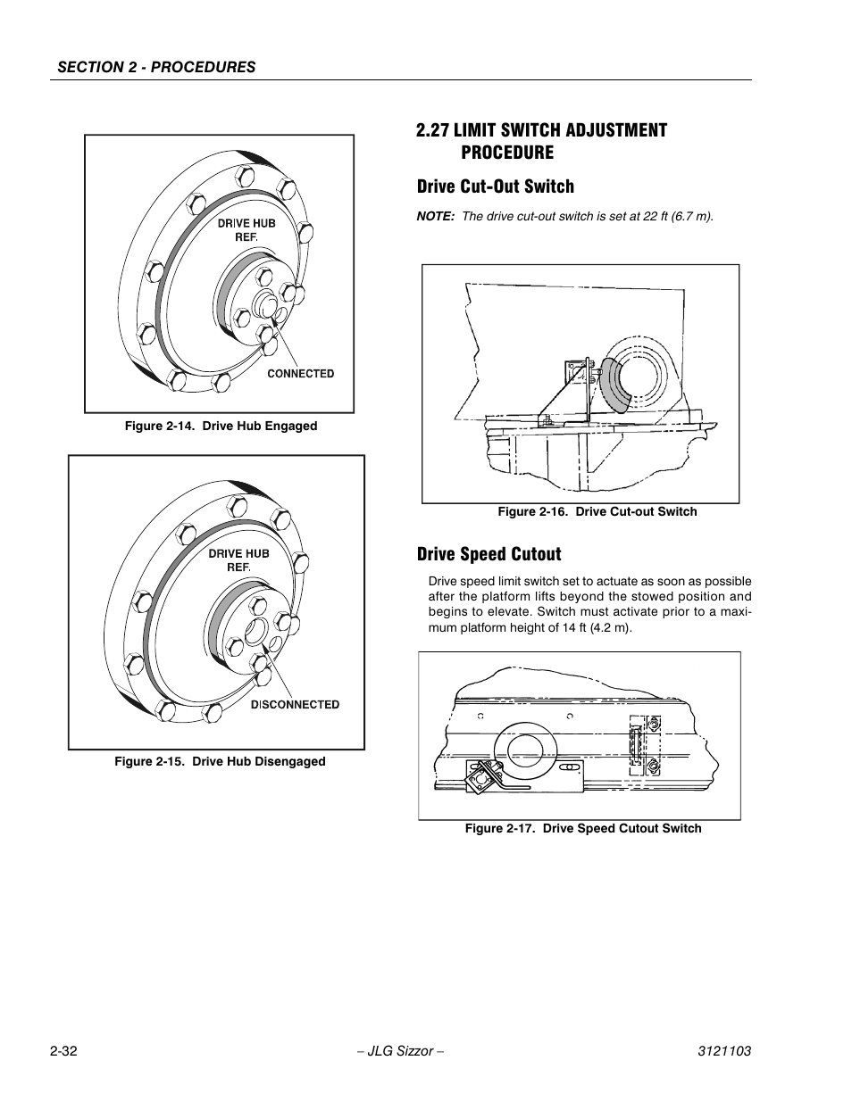 27 limit switch adjustment procedure, Drive cut-out switch, Drive speed cutout | Limit switch adjustment procedure -32, Drive hub engaged -32, Drive hub disengaged -32, Drive cut-out switch -32, Drive speed cutout switch -32 | JLG 500RTS ANSI Service Manual User Manual | Page 48 / 80