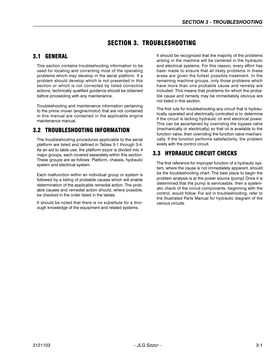 Section 3. troubleshooting, 1 general, 2 troubleshooting information | 3 hydraulic circuit checks, Section 3 - troubleshooting, General -1, Troubleshooting information -1, Hydraulic circuit checks -1 | JLG 500RTS ANSI Service Manual User Manual | Page 51 / 80