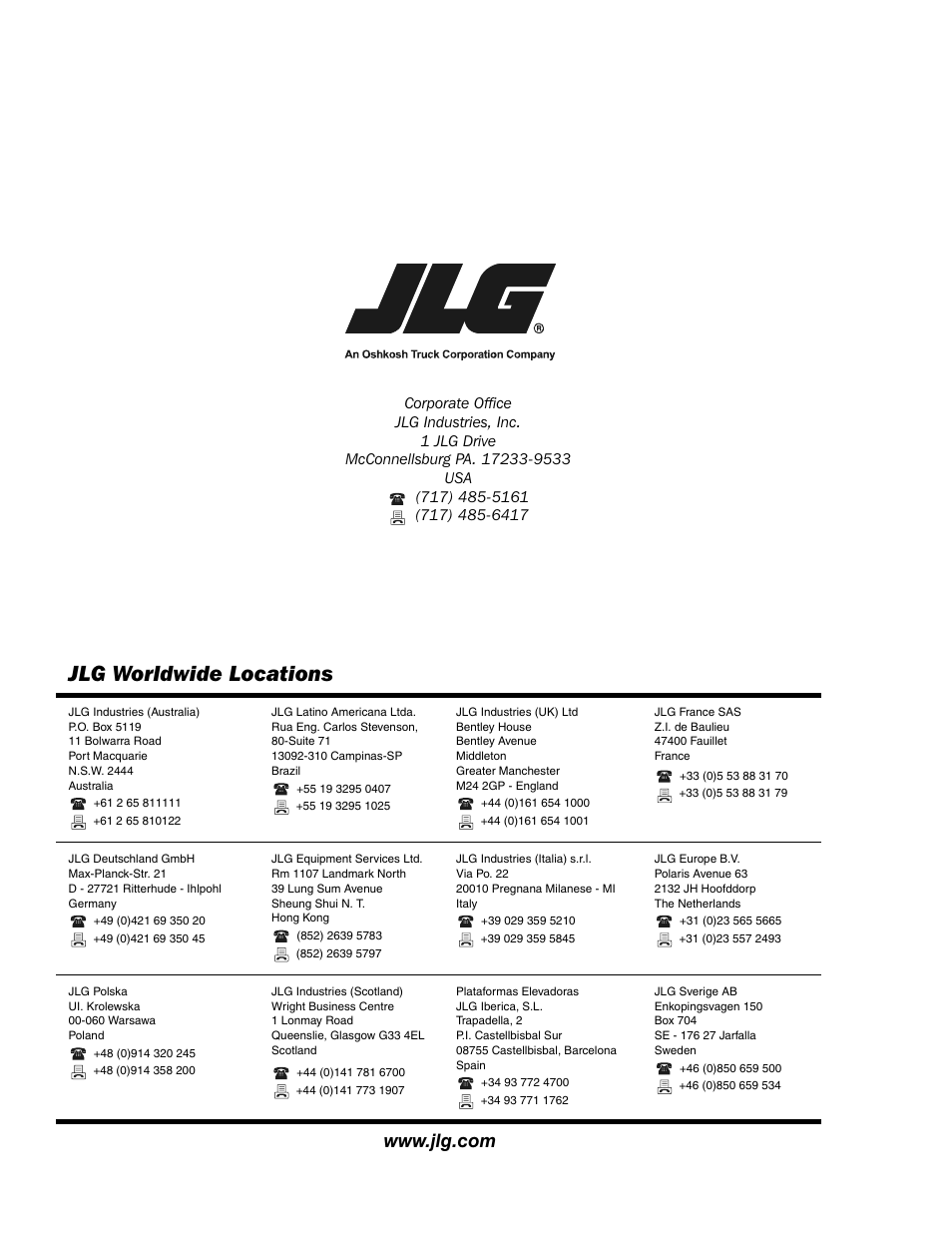 Jlg worldwide locations | JLG 500RTS ANSI Service Manual User Manual | Page 80 / 80