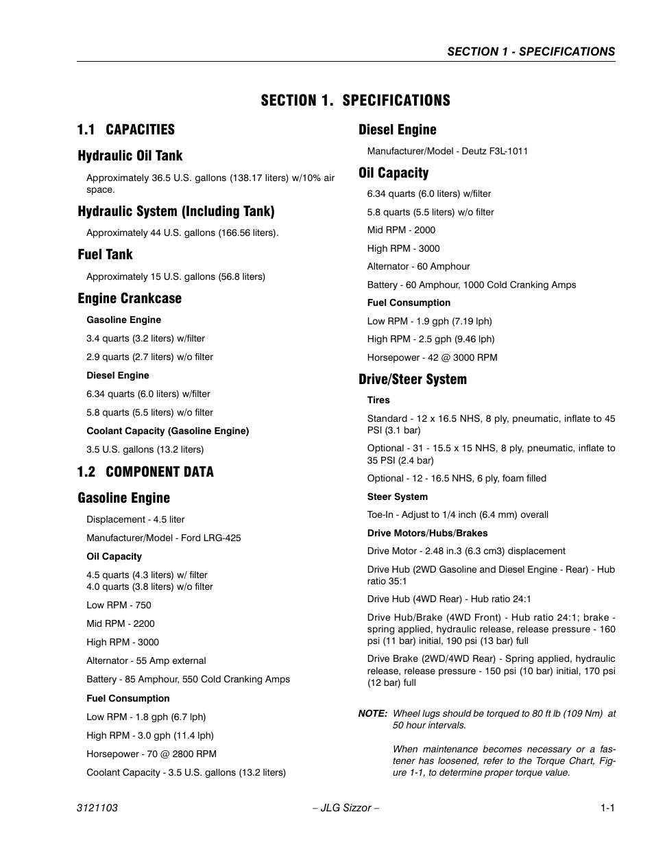 Section 1. specifications, 1 capacities, Hydraulic oil tank | Hydraulic system (including tank), Fuel tank, Engine crankcase, 2 component data, Gasoline engine, Diesel engine, Oil capacity | JLG 500RTS ANSI Service Manual User Manual | Page 9 / 80