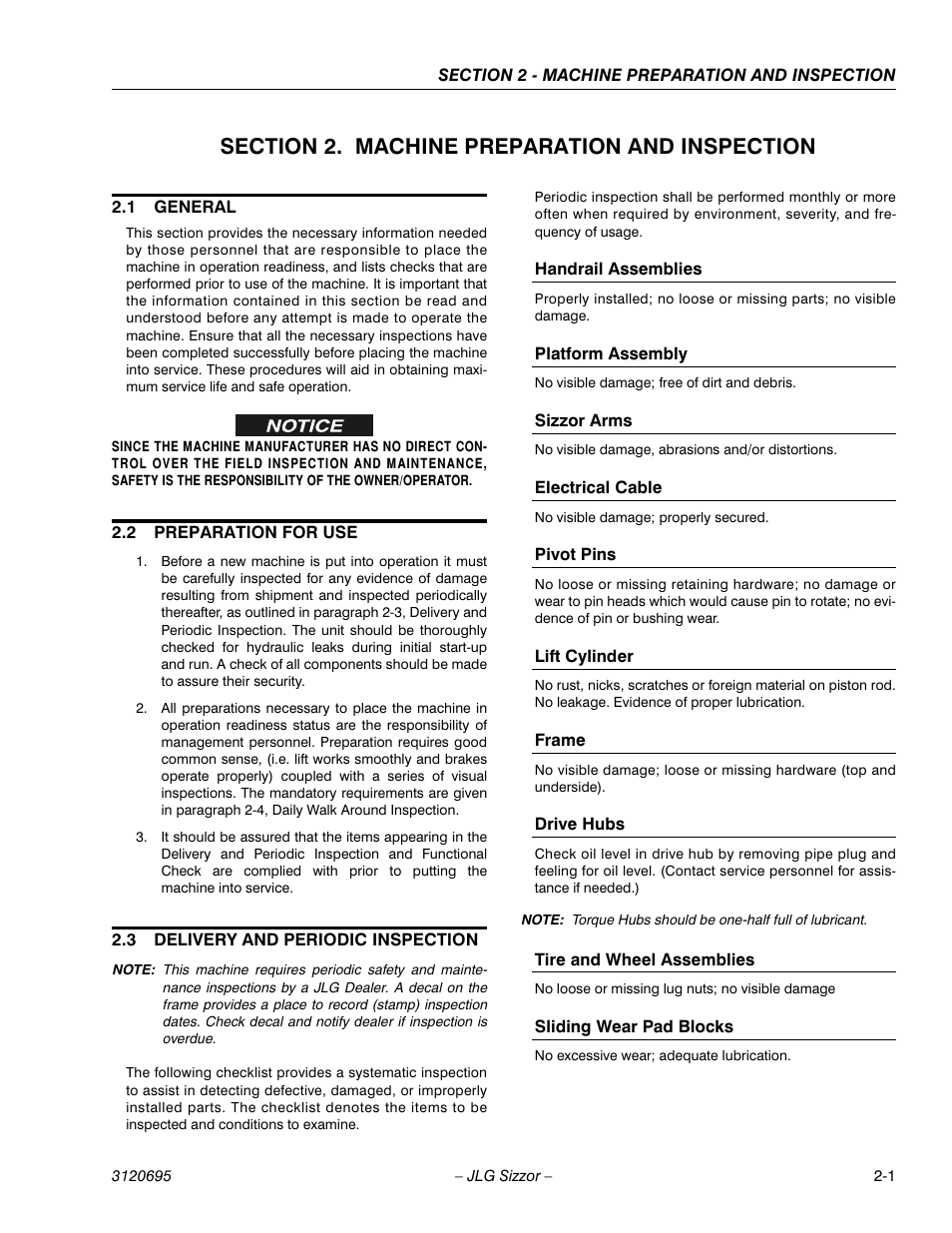 Section 2. machine preparation and inspection, 1 general, 2 preparation for use | 3 delivery and periodic inspection, Handrail assemblies, Platform assembly, Sizzor arms, Electrical cable, Pivot pins, Lift cylinder | JLG 500RTS ANSI Operator Manual User Manual | Page 15 / 48