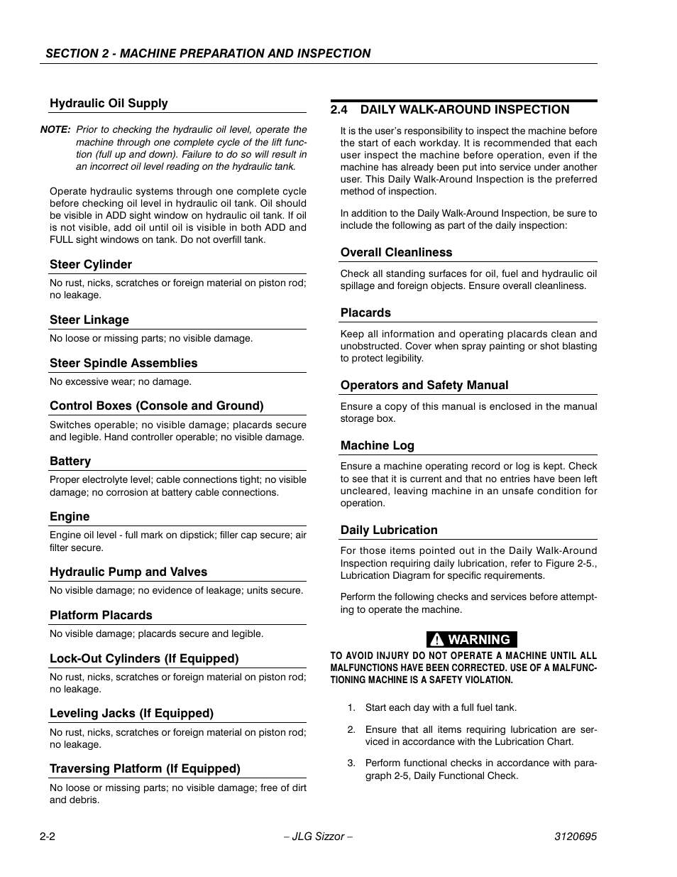 Hydraulic oil supply, Steer cylinder, Steer linkage | Steer spindle assemblies, Control boxes (console and ground), Battery, Engine, Hydraulic pump and valves, Platform placards, Lock-out cylinders (if equipped) | JLG 500RTS ANSI Operator Manual User Manual | Page 16 / 48