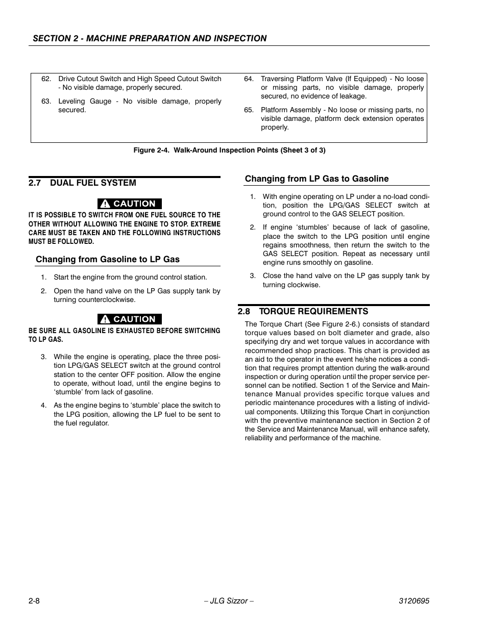 7 dual fuel system, Changing from gasoline to lp gas, Changing from lp gas to gasoline | 8 torque requirements, Dual fuel system -8, Torque requirements -8, Walk-around inspection points (sheet 3 of 3) -8 | JLG 500RTS ANSI Operator Manual User Manual | Page 22 / 48