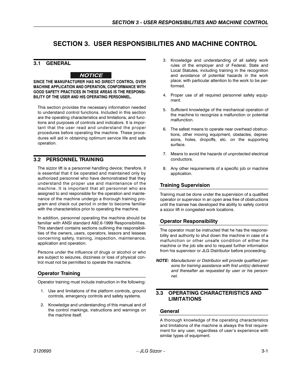 1 general, 2 personnel training, Operator training | Training supervision, Operator responsibility, 3 operating characteristics and limitations, General, General -1, Personnel training -1, Operating characteristics and limitations -1 | JLG 500RTS ANSI Operator Manual User Manual | Page 27 / 48