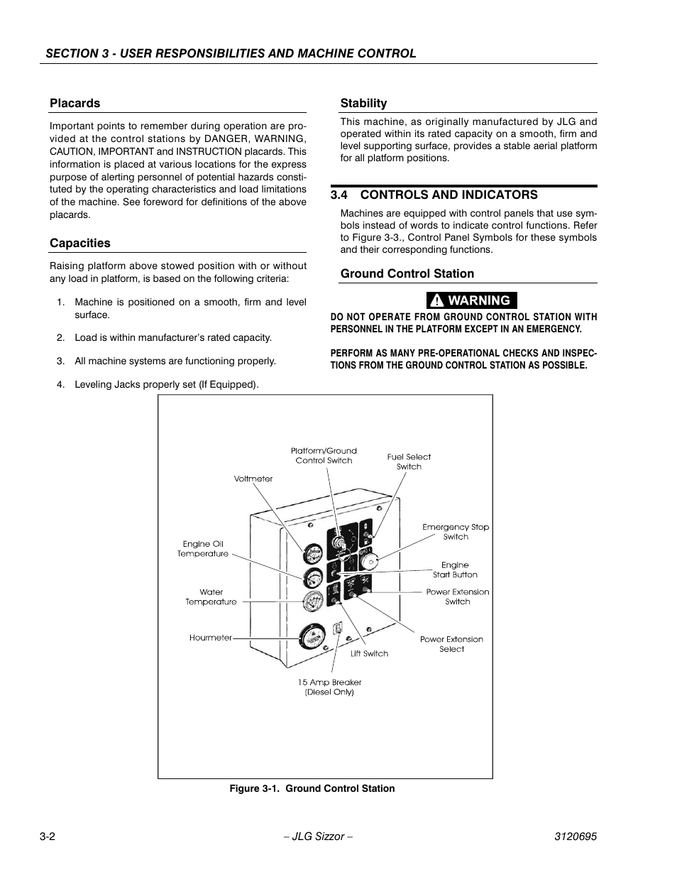 Placards, Capacities, Stability | 4 controls and indicators, Ground control station, Controls and indicators -2, Ground control station -2 | JLG 500RTS ANSI Operator Manual User Manual | Page 28 / 48