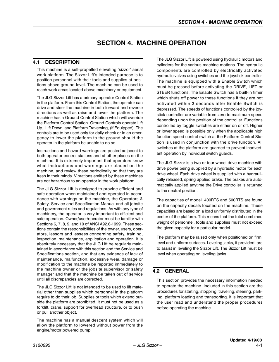 Section 4. machine operation, 1 description, 2 general | Section 4 - machine operation, Description -1, General -1 | JLG 500RTS ANSI Operator Manual User Manual | Page 35 / 48