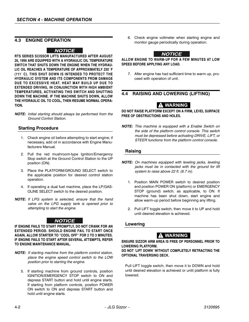 3 engine operation, Starting procedure, 4 raising and lowering (lifting) | Raising, Lowering, Engine operation -2, Raising and lowering (lifting) -2 | JLG 500RTS ANSI Operator Manual User Manual | Page 36 / 48