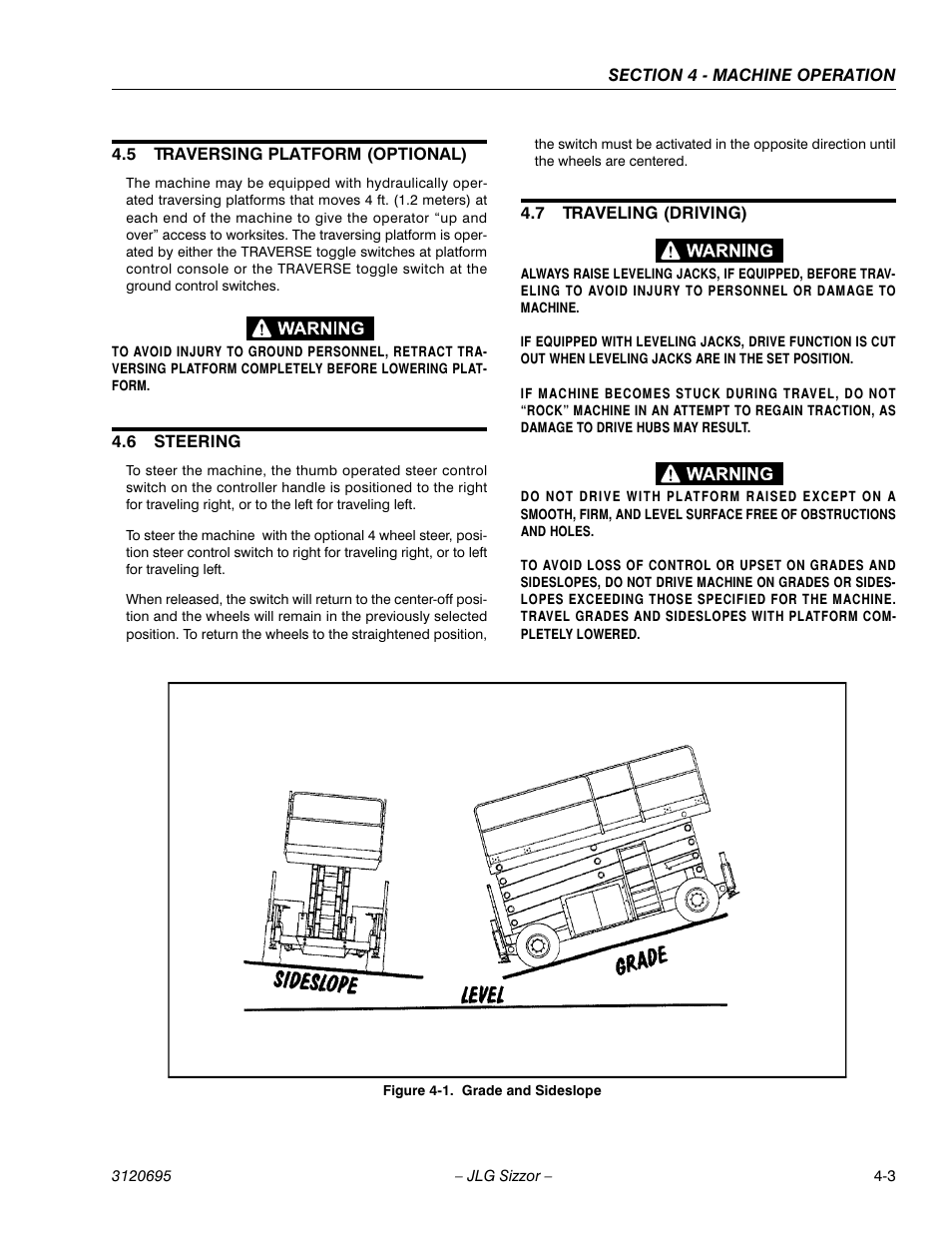 5 traversing platform (optional), 6 steering, 7 traveling (driving) | Traversing platform (optional) -3, Steering -3, Traveling (driving) -3, Grade and sideslope -3 | JLG 500RTS ANSI Operator Manual User Manual | Page 37 / 48