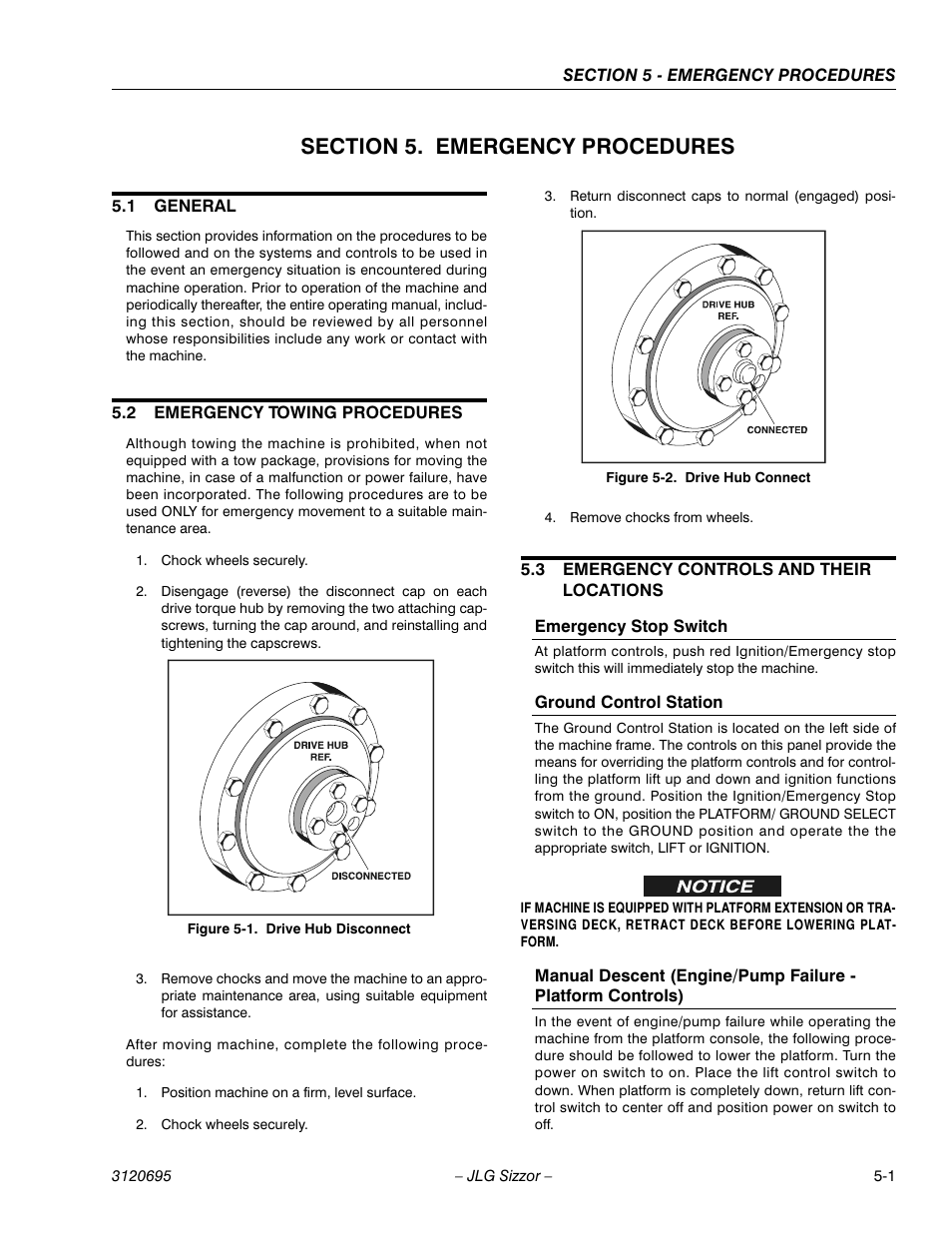 Section 5. emergency procedures, 1 general, 2 emergency towing procedures | 3 emergency controls and their locations, Emergency stop switch, Ground control station, Section 5 - emergency procedures, General -1, Emergency towing procedures -1, Emergency controls and their locations -1 | JLG 500RTS ANSI Operator Manual User Manual | Page 41 / 48