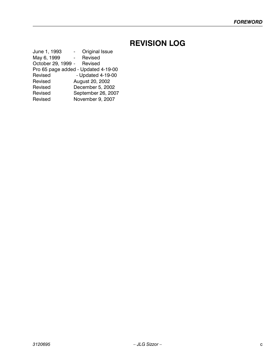 Revision log | JLG 500RTS ANSI Operator Manual User Manual | Page 5 / 48