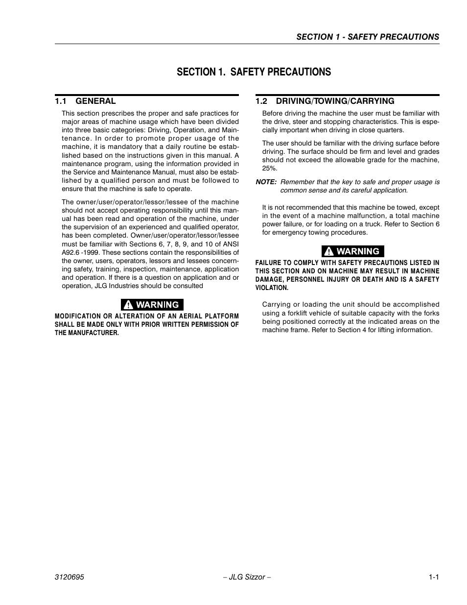 Section 1. safety precautions, 1 general, 2 driving/towing/carrying | Section 1 - safety precautions, General -1, Driving/towing/carrying -1 | JLG 500RTS ANSI Operator Manual User Manual | Page 9 / 48