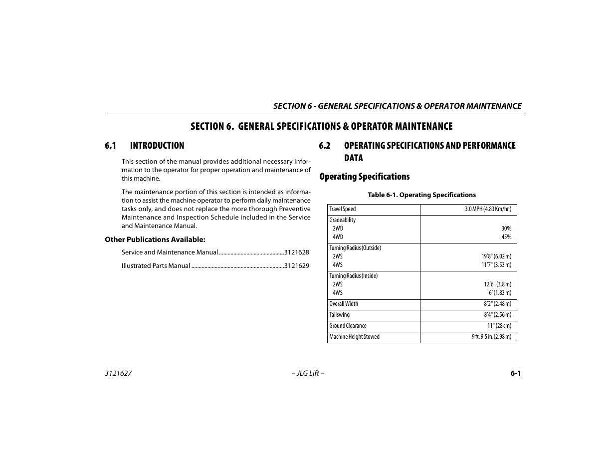 1 introduction, 2 operating specifications and performance data, Operating specifications | Introduction -1, Operating specifications and performance, Data -1, Operating specifications -1 | JLG 800A_AJ Operator Manual User Manual | Page 101 / 134