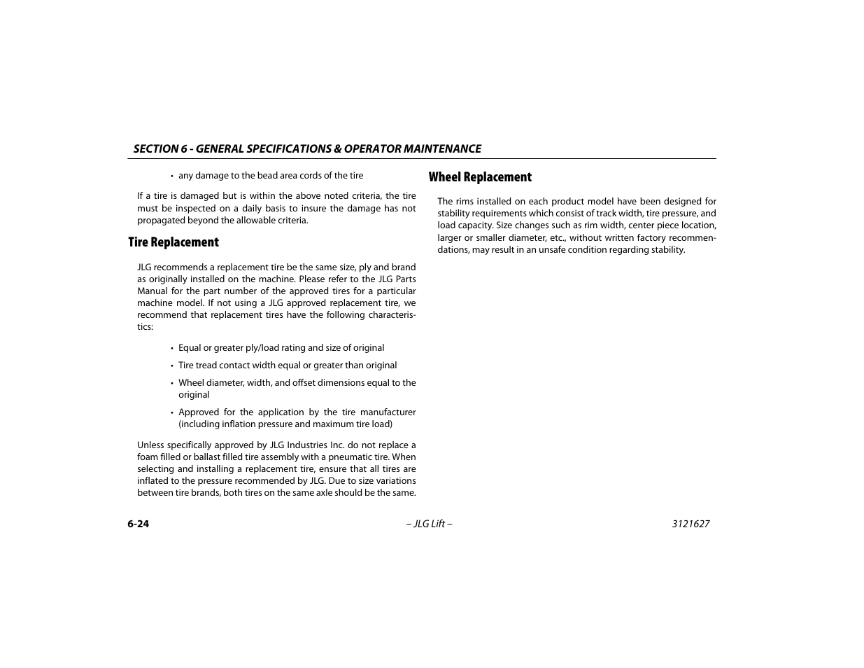 Tire replacement, Wheel replacement, Tire replacement -24 wheel replacement -24 | JLG 800A_AJ Operator Manual User Manual | Page 124 / 134