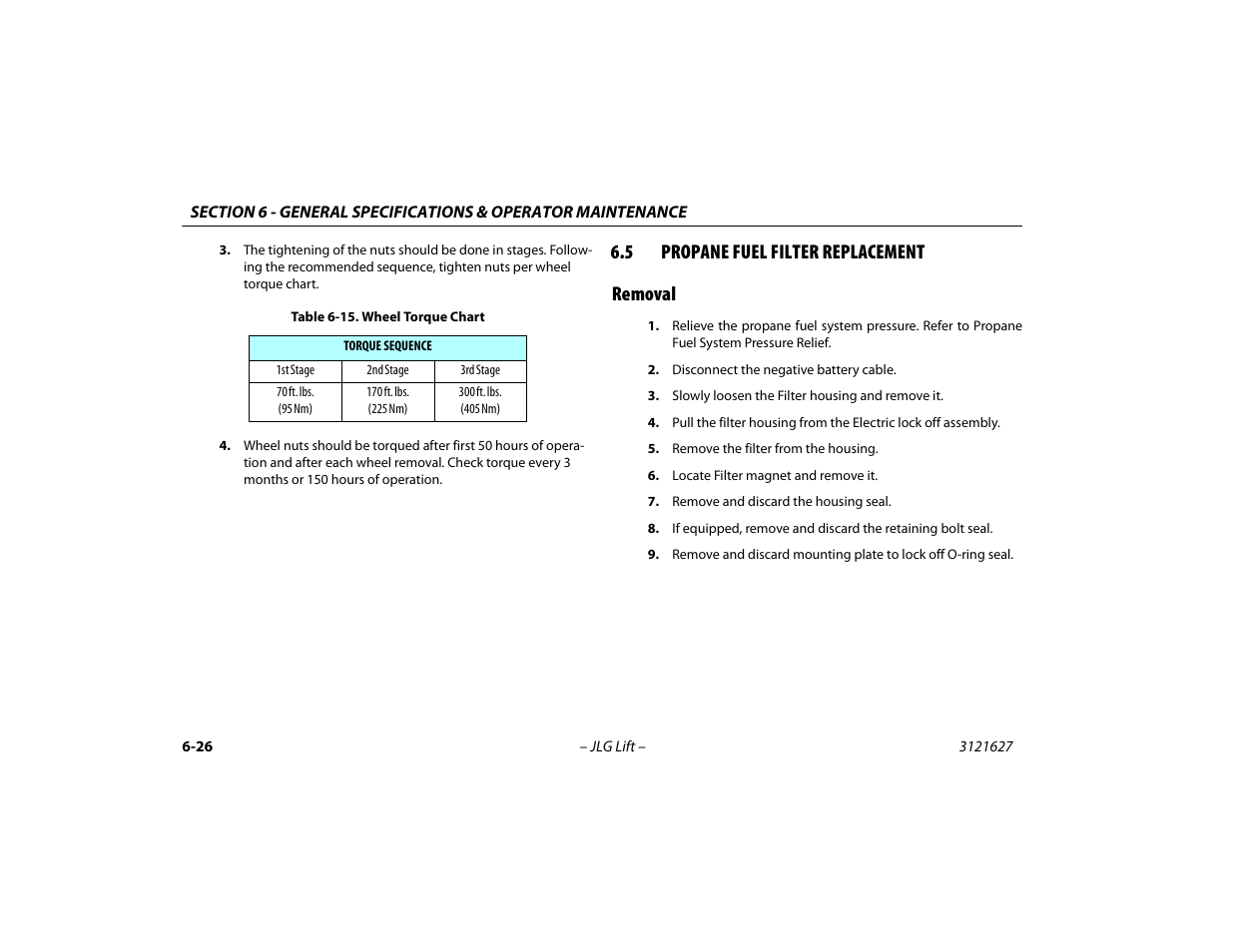 5 propane fuel filter replacement, Removal, Propane fuel filter replacement -26 | Removal -26, Wheel torque chart -26, 5 propane fuel filter replacement removal | JLG 800A_AJ Operator Manual User Manual | Page 126 / 134