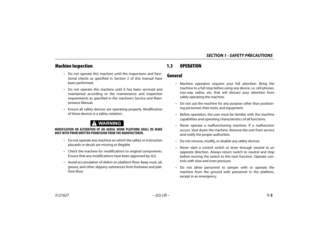 Machine inspection, 3 operation, General | Machine inspection -3, Operation -3, General -3, 3 operation general | JLG 800A_AJ Operator Manual User Manual | Page 15 / 134