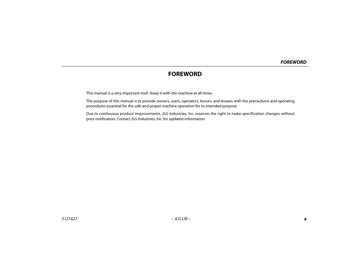 Foreword | JLG 800A_AJ Operator Manual User Manual | Page 3 / 134