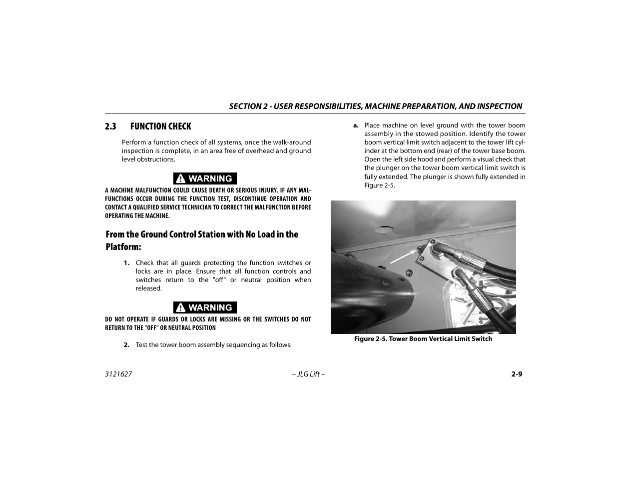 3 function check, Function check -9, Tower boom vertical limit switch -9 | JLG 800A_AJ Operator Manual User Manual | Page 35 / 134