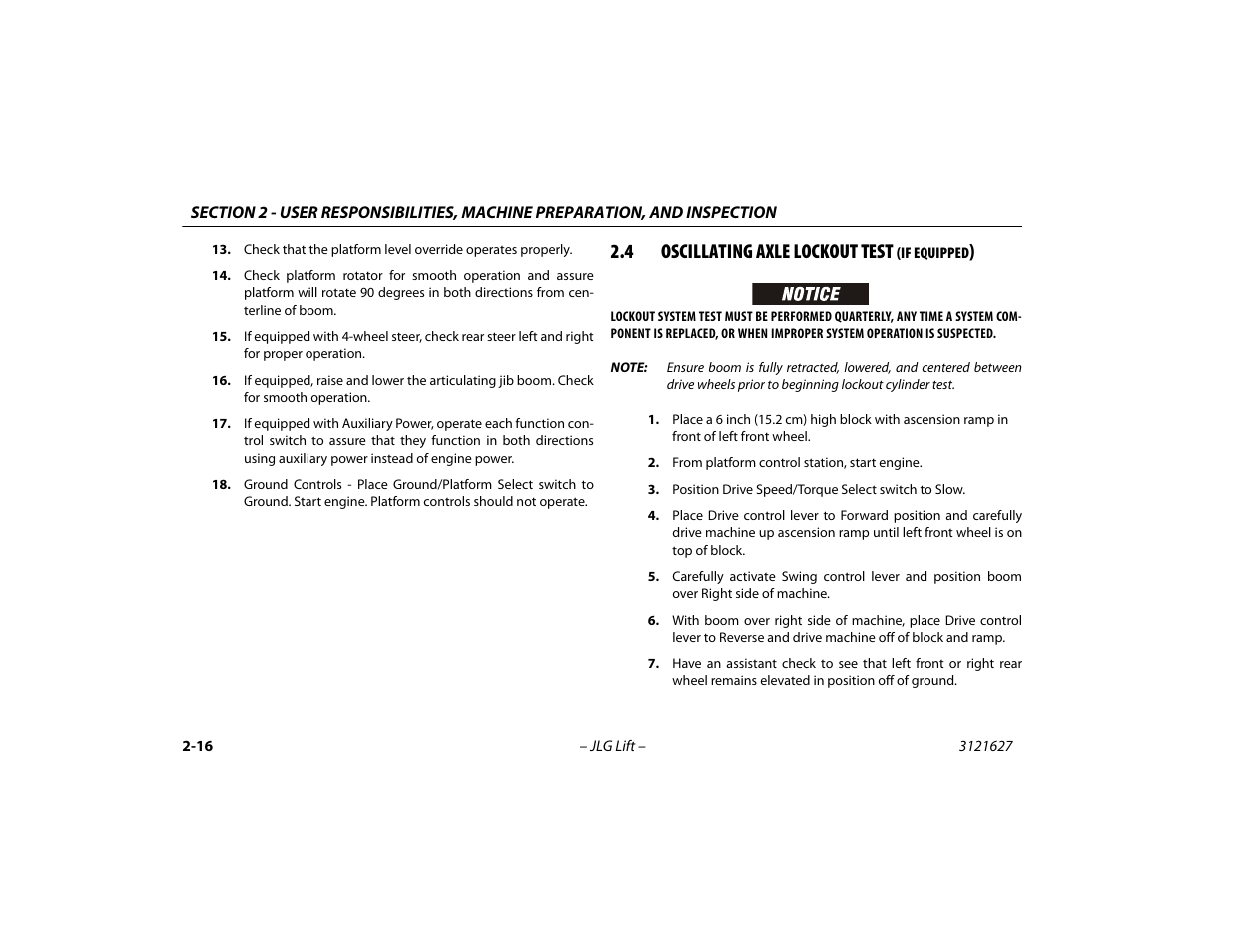 4 oscillating axle lockout test (if equipped), Oscillating axle lockout test (if equipped) -16, 4 oscillating axle lockout test | JLG 800A_AJ Operator Manual User Manual | Page 42 / 134