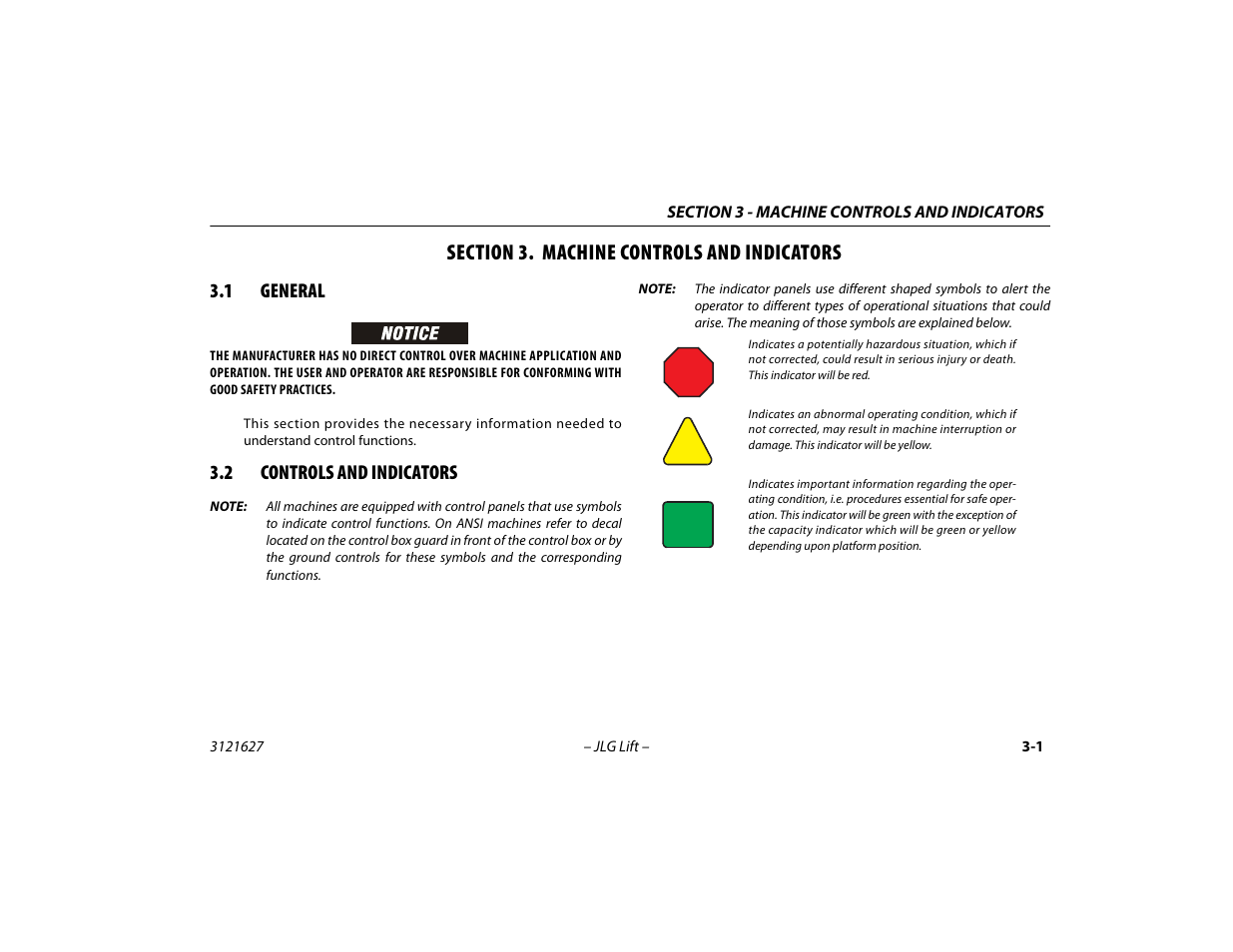 Section 3. machine controls and indicators, 1 general, 2 controls and indicators | Section - 3 - machine controls and indicators, General -1, Controls and indicators -1 | JLG 800A_AJ Operator Manual User Manual | Page 45 / 134