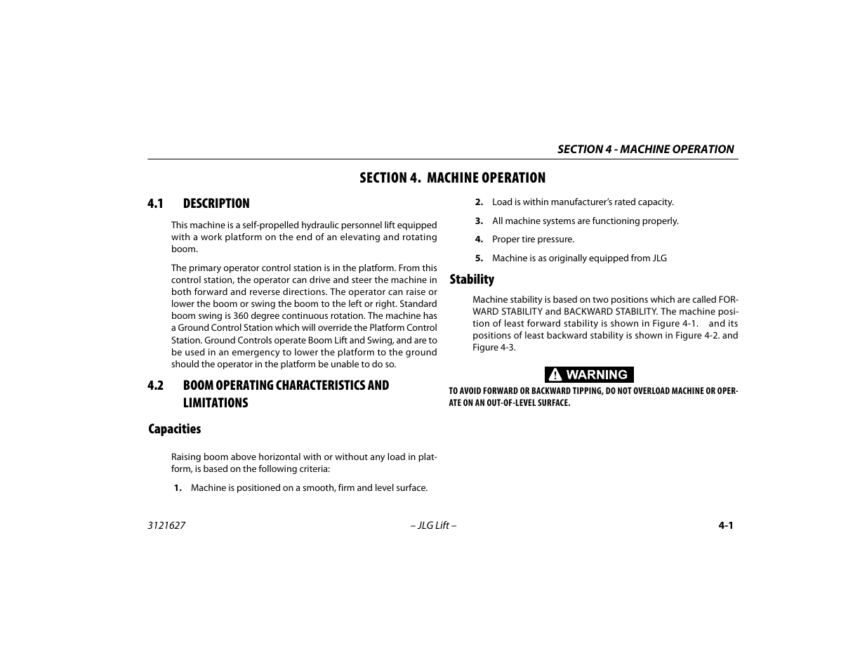 Section 4. machine operation, 1 description, 2 boom operating characteristics and limitations | Capacities, Stability, Section - 4 - machine operation, Description -1, Boom operating characteristics and, Limitations -1, Capacities -1 stability -1 | JLG 800A_AJ Operator Manual User Manual | Page 65 / 134