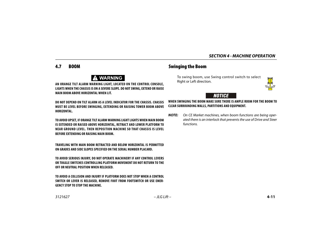 7 boom, Swinging the boom, Boom -11 | Swinging the boom -11 | JLG 800A_AJ Operator Manual User Manual | Page 75 / 134