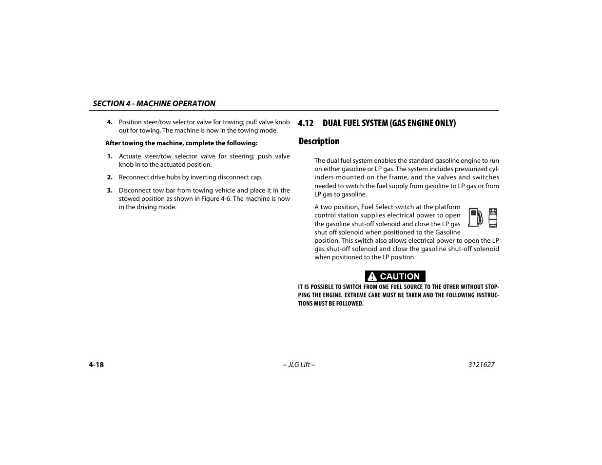 12 dual fuel system (gas engine only), Description, 12 dual fuel system (gas engine only) -18 | Description -18, 12 dual fuel system (gas engine only) description | JLG 800A_AJ Operator Manual User Manual | Page 82 / 134