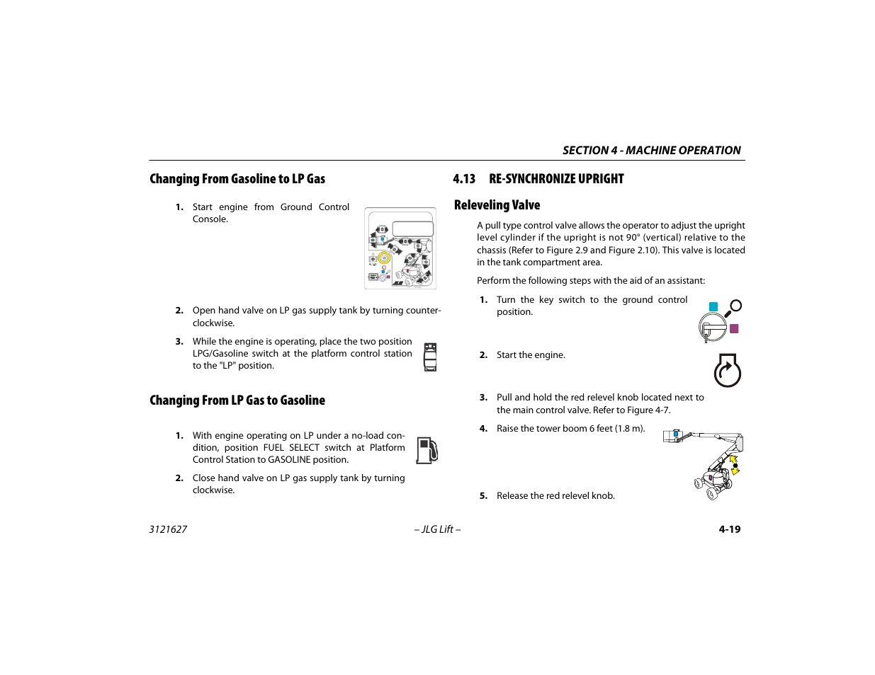 Changing from gasoline to lp gas, Changing from lp gas to gasoline, 13 re-synchronize upright | Releveling valve, 13 re-synchronize upright -19, Releveling valve -19, 13 re-synchronize upright releveling valve | JLG 800A_AJ Operator Manual User Manual | Page 83 / 134