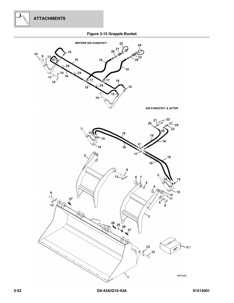 Figure 3-15 grapple bucket, Grapple bucket -52, Attachments | JLG G10-43A Parts Manual User Manual | Page 102 / 788