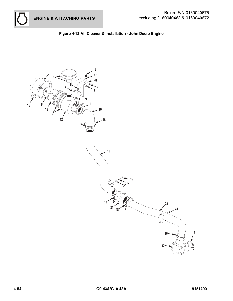 Air cleaner & installation - john deere engine -54, Tion, (see figure 4-12 for details) | JLG G10-43A Parts Manual User Manual | Page 176 / 788
