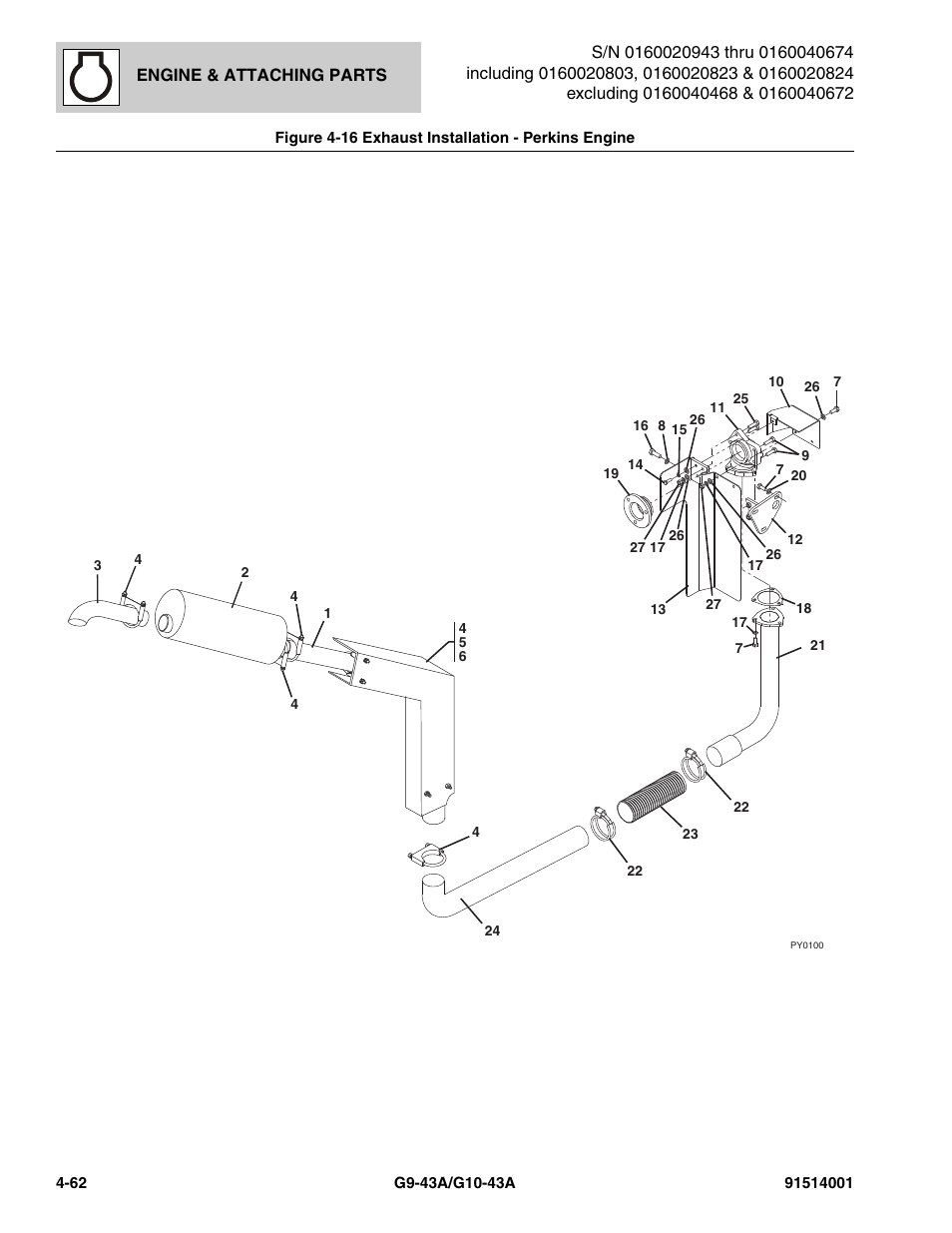 Figure 4-16 exhaust installation - perkins engine, Exhaust installation - perkins engine -62 | JLG G10-43A Parts Manual User Manual | Page 184 / 788