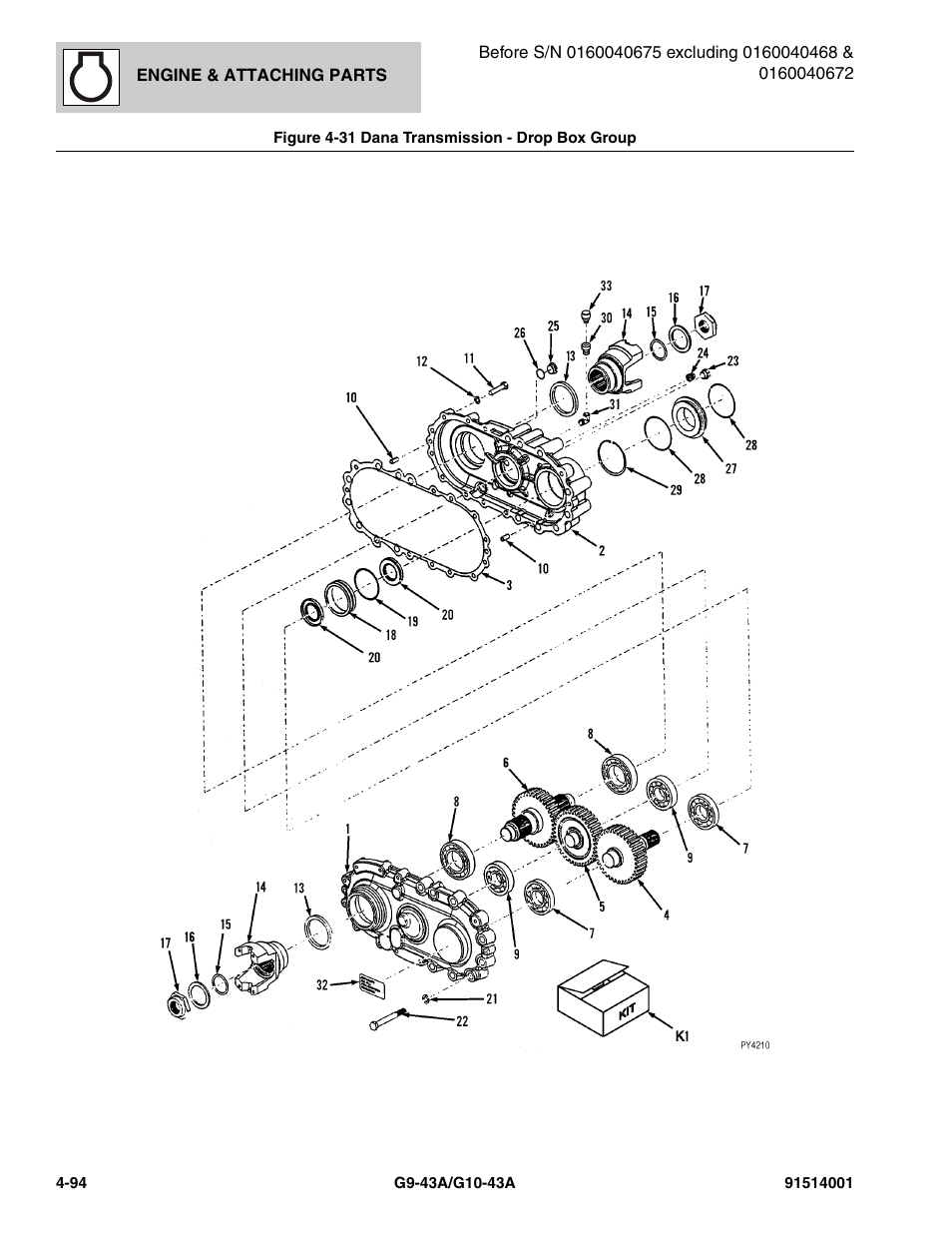 Figure 4-31 dana transmission - drop box group, Dana transmission - drop box group -94, Seal kit, (see figure 4-31 for details) | JLG G10-43A Parts Manual User Manual | Page 216 / 788