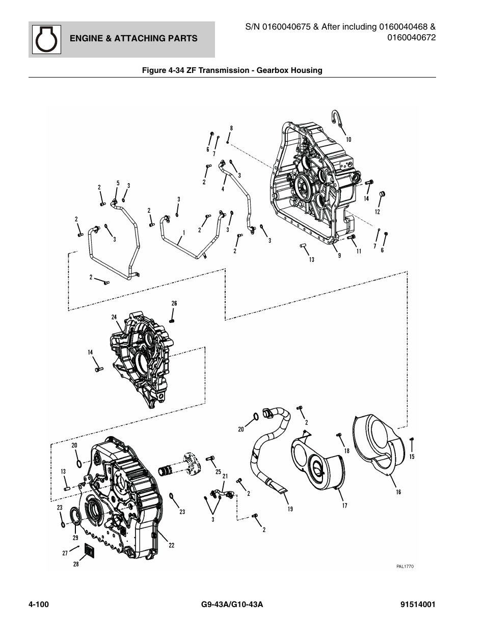 Figure 4-34 zf transmission - gearbox housing, Zf transmission - gearbox housing -100, Using, (see figure 4-34 for details) | JLG G10-43A Parts Manual User Manual | Page 222 / 788
