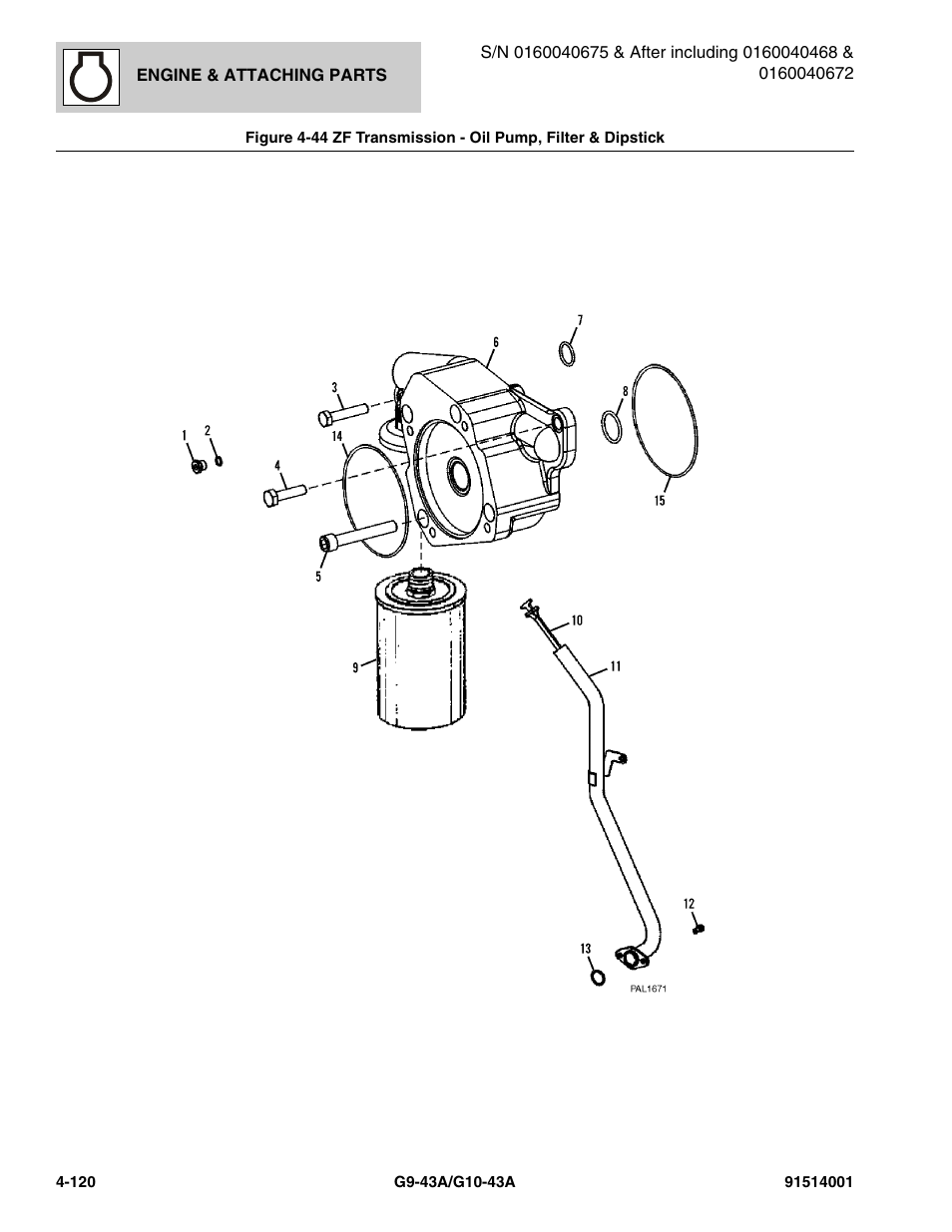 Zf transmission - oil pump, filter & dipstick -120, Dipstick, (see figure 4-44 for details) | JLG G10-43A Parts Manual User Manual | Page 242 / 788