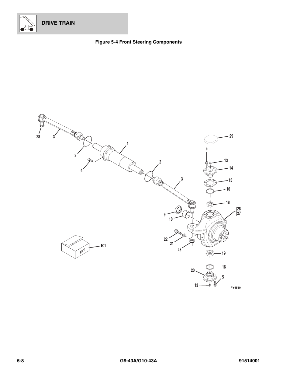 Figure 5-4 front steering components, Front steering components -8, Steering components, (see figure 5-4 for details) | JLG G10-43A Parts Manual User Manual | Page 254 / 788