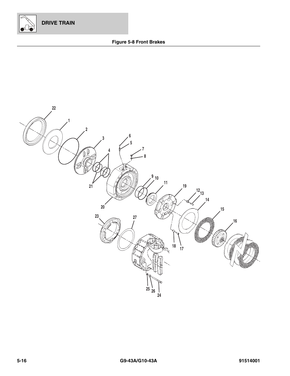 Figure 5-8 front brakes, Front brakes -16, Brakes, (see figure 5-8 for details) | JLG G10-43A Parts Manual User Manual | Page 262 / 788