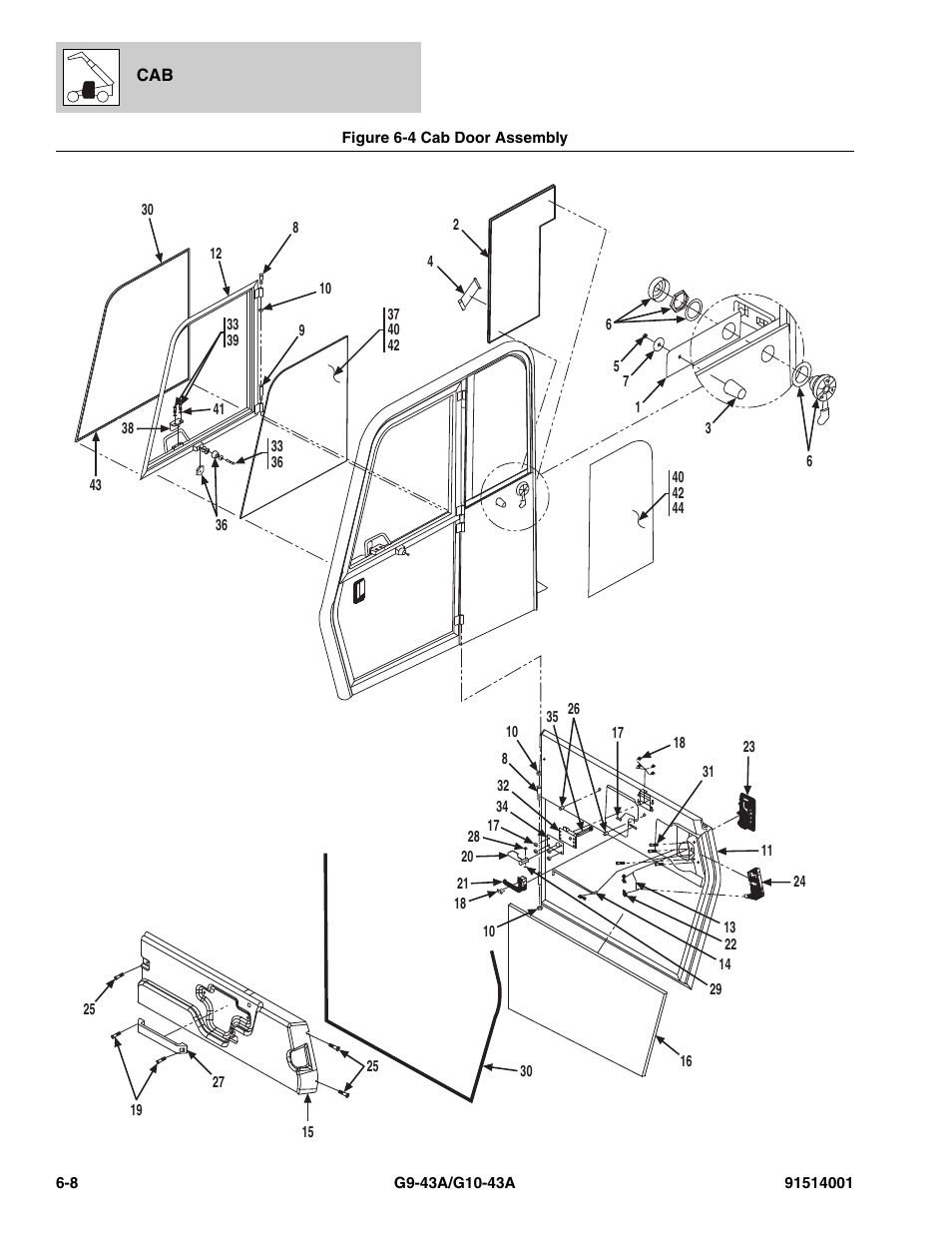 Figure 6-4 cab door assembly, Cab door assembly -8, Ssy, (see figure 6-4 for details) | Door hold open assy, (see figure 6-4 for details) | JLG G10-43A Parts Manual User Manual | Page 306 / 788