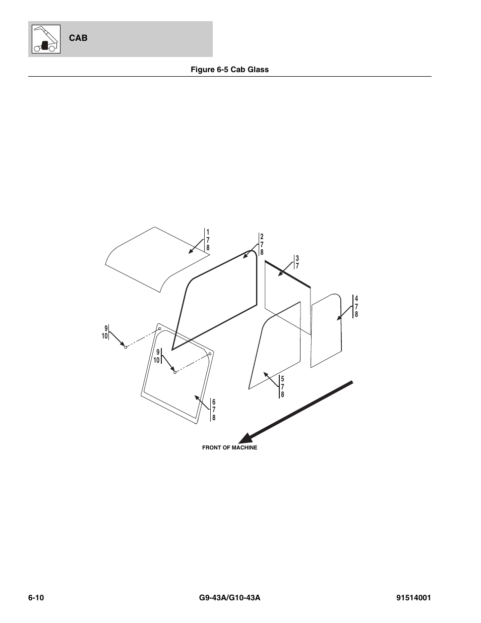 Figure 6-5 cab glass, Cab glass -10, Cab glass, (see figure 6-5 for details) | Figure 6-5 | JLG G10-43A Parts Manual User Manual | Page 308 / 788
