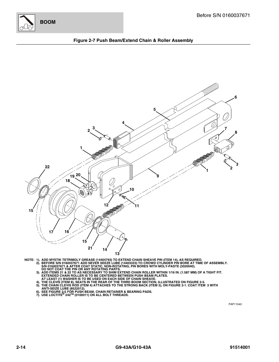 Push beam/extend chain & roller assembly -14, Figure 2-7, ite, Ush beam, (see figure 2-7 for details) | Figure 2-7, M assy, (see figure 2-7 for details), Boom | JLG G10-43A Parts Manual User Manual | Page 42 / 788