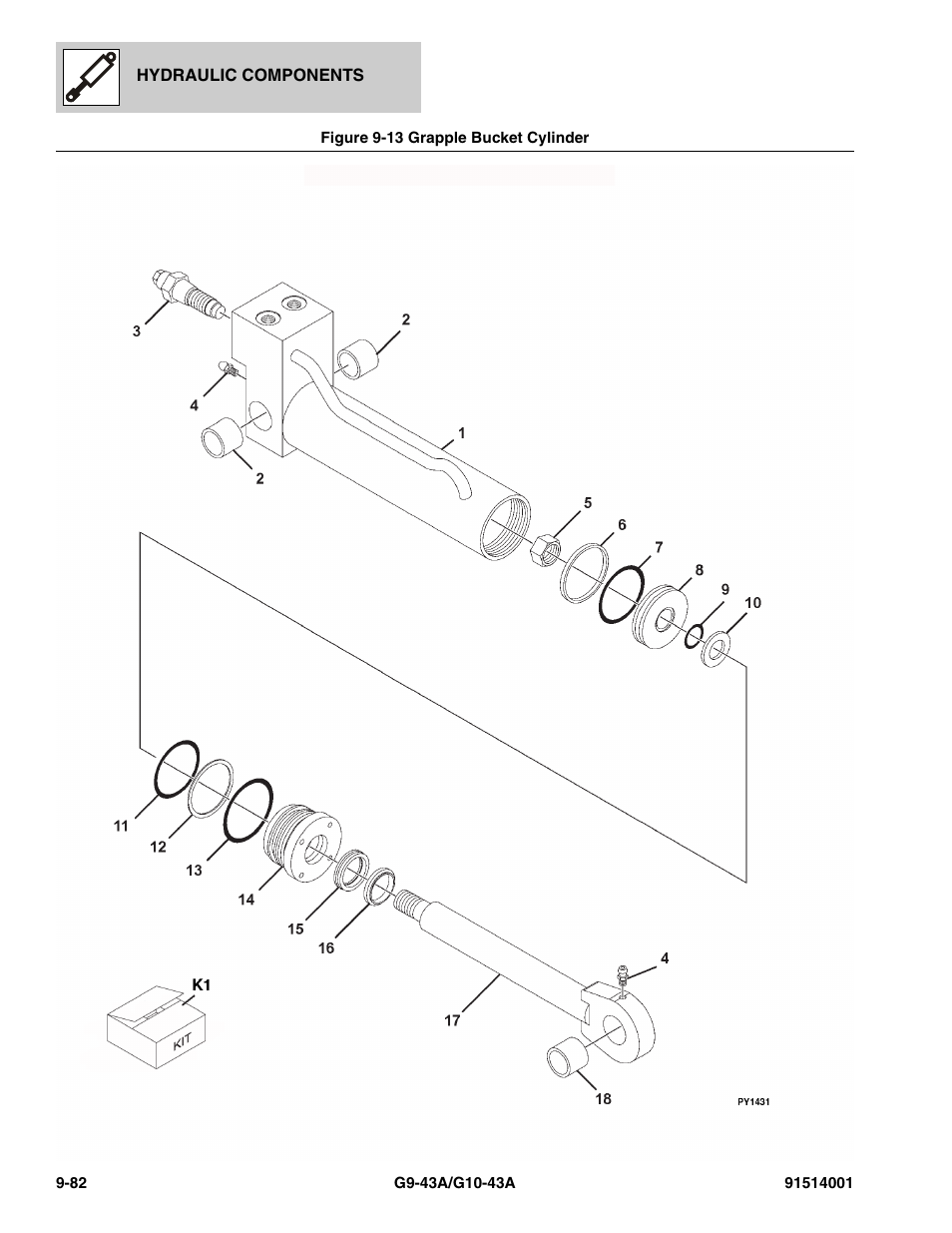 Figure 9-13 grapple bucket cylinder, Grapple bucket cylinder -82 | JLG G10-43A Parts Manual User Manual | Page 506 / 788