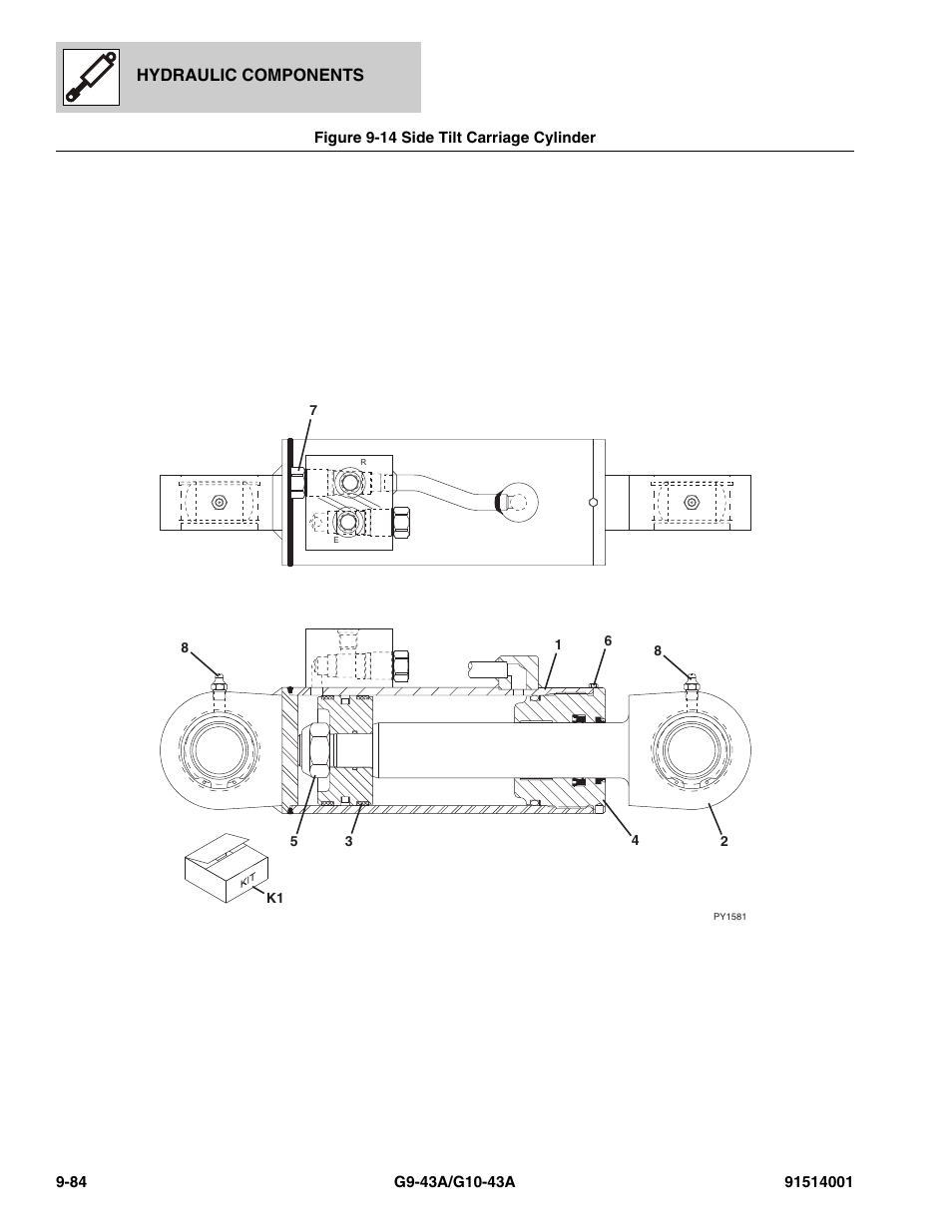 Figure 9-14 side tilt carriage cylinder, Side tilt carriage cylinder -84, Hydraulic components | JLG G10-43A Parts Manual User Manual | Page 508 / 788