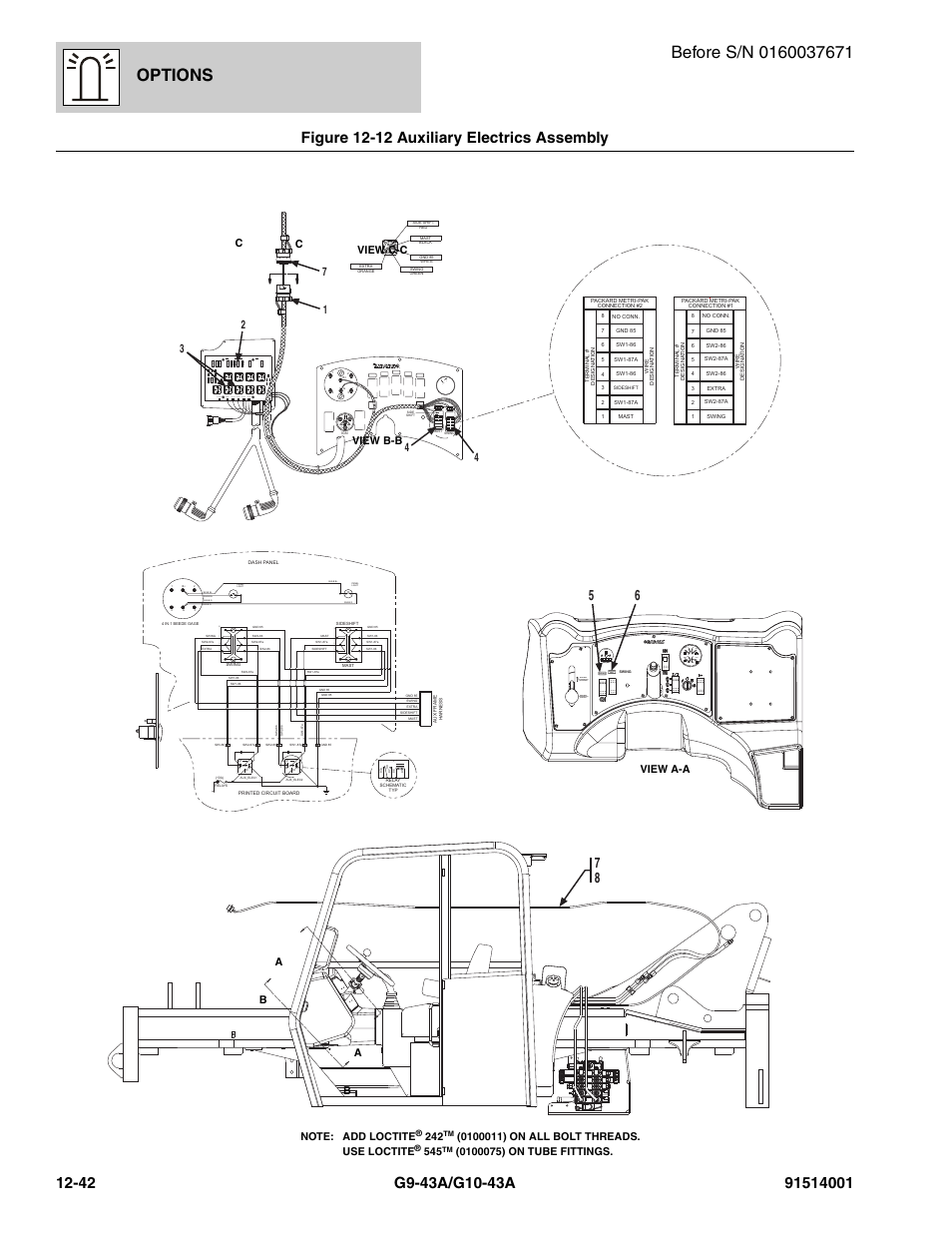 Figure 12-12 auxiliary electrics assembly, Auxiliary electrics assembly -42, Options | Ign acc bat b at ign st, Lt oil fuel 12+ gnd temp | JLG G10-43A Parts Manual User Manual | Page 656 / 788