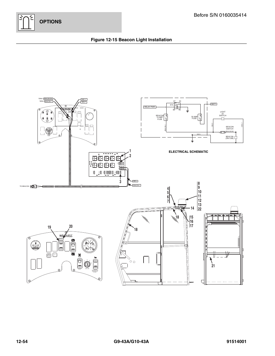 Figure 12-15 beacon light installation, Beacon light installation -54, Options | Ign acc bat b at ign st, Gr d, Sl_swa | JLG G10-43A Parts Manual User Manual | Page 668 / 788