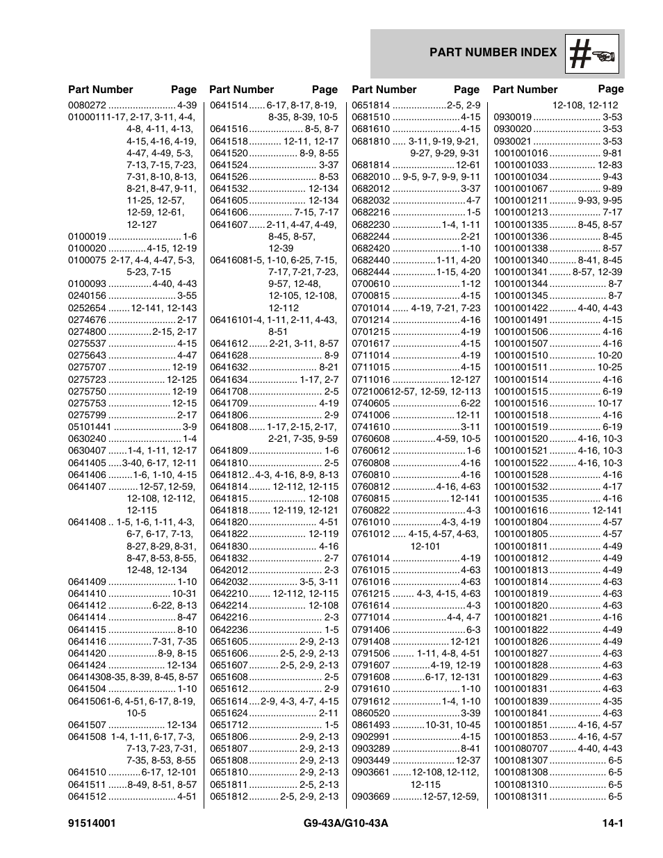 Part number index, Section 14 – part number index -1 | JLG G10-43A Parts Manual User Manual | Page 765 / 788