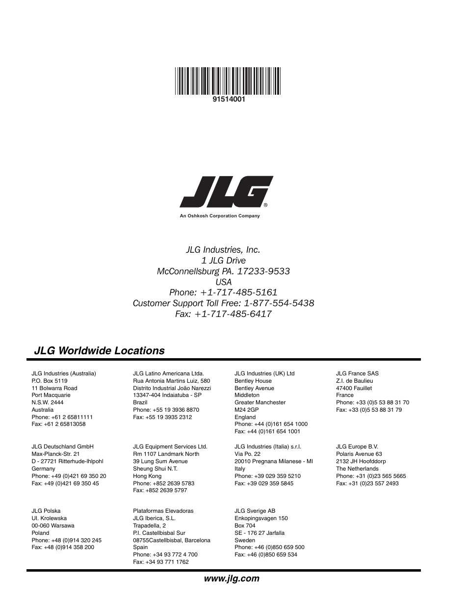 Jlg worldwide locations | JLG G10-43A Parts Manual User Manual | Page 788 / 788