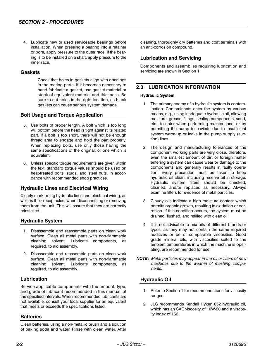 Gaskets, Bolt usage and torque application, Hydraulic lines and electrical wiring | Hydraulic system, Lubrication, Batteries, Lubrication and servicing, 3 lubrication information, Hydraulic oil, Lubrication information -2 | JLG 500RTS ANSI Service Manual User Manual | Page 18 / 98