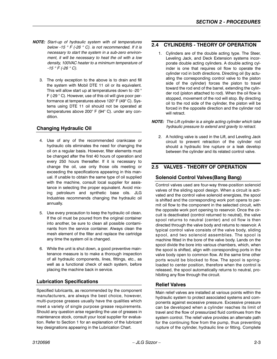 Changing hydraulic oil, Lubrication specifications, 4 cylinders - theory of operation | 5 valves - theory of operation, Solenoid control valves(bang bang), Relief valves, Cylinders - theory of operation -3, Valves - theory of operation -3 | JLG 500RTS ANSI Service Manual User Manual | Page 19 / 98